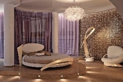 Сиреневая спалья с круглой кроватью в стиле модерн